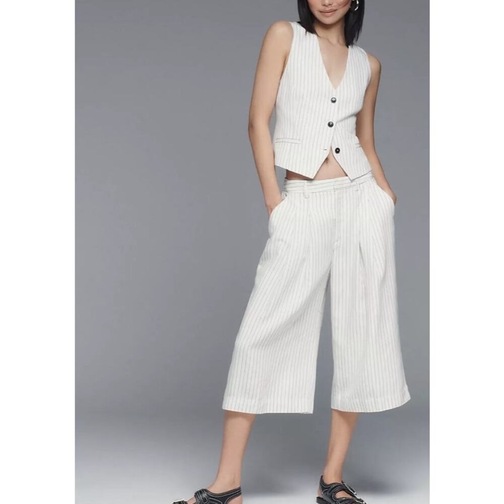 Maeve Anthropologie Pinstripe Linen Blend Culottes Wide Leg Pants M